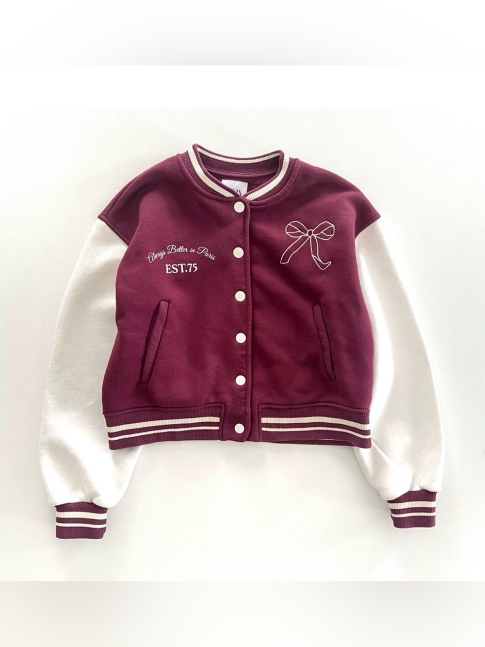 Zara Girls Bomber Jacket Always Better In Paris Bow in Burgundy Size 11-12